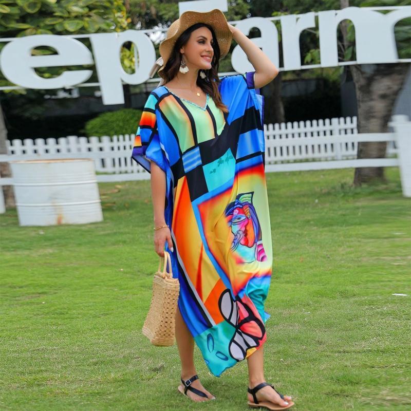 Women Batwing Sleeve Beach Maxi Dress Abstract Face Print Kaftan Bikini Cover Up