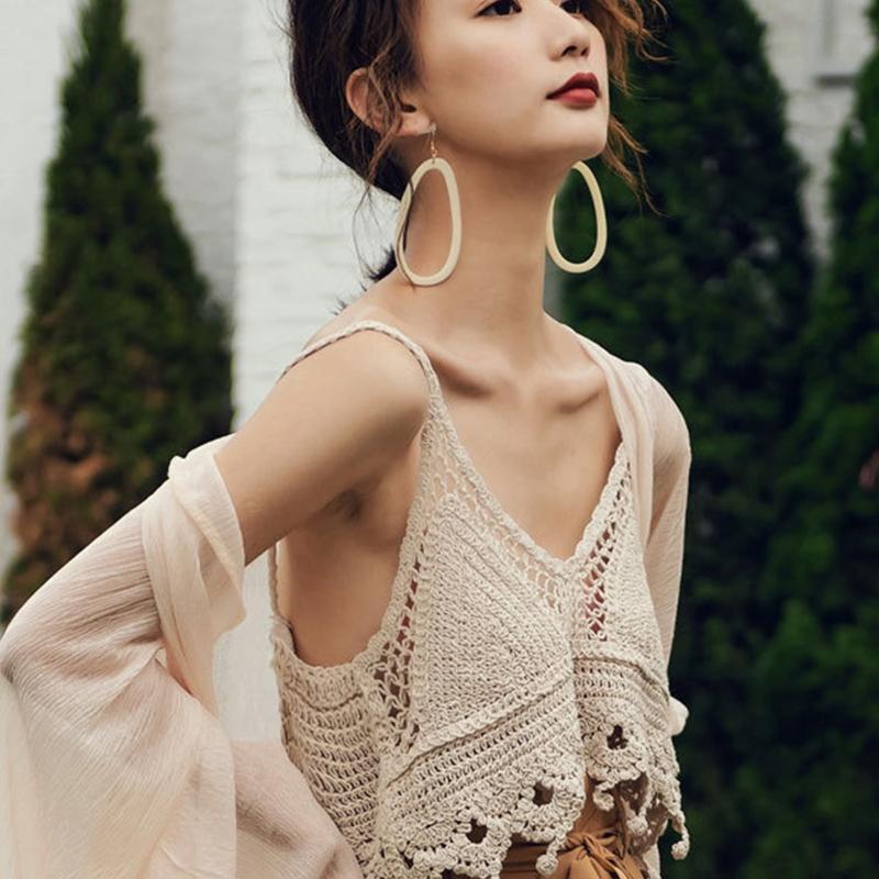 Women Beach Crochet Loose Camisole Hollow Knit V-Neck Tassel Sleeveless Crop Top