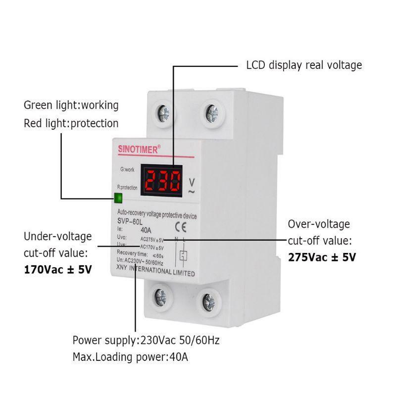 230V AC 40A LED Display Din Rail Adjustable Smart Automatic Recovery Protective