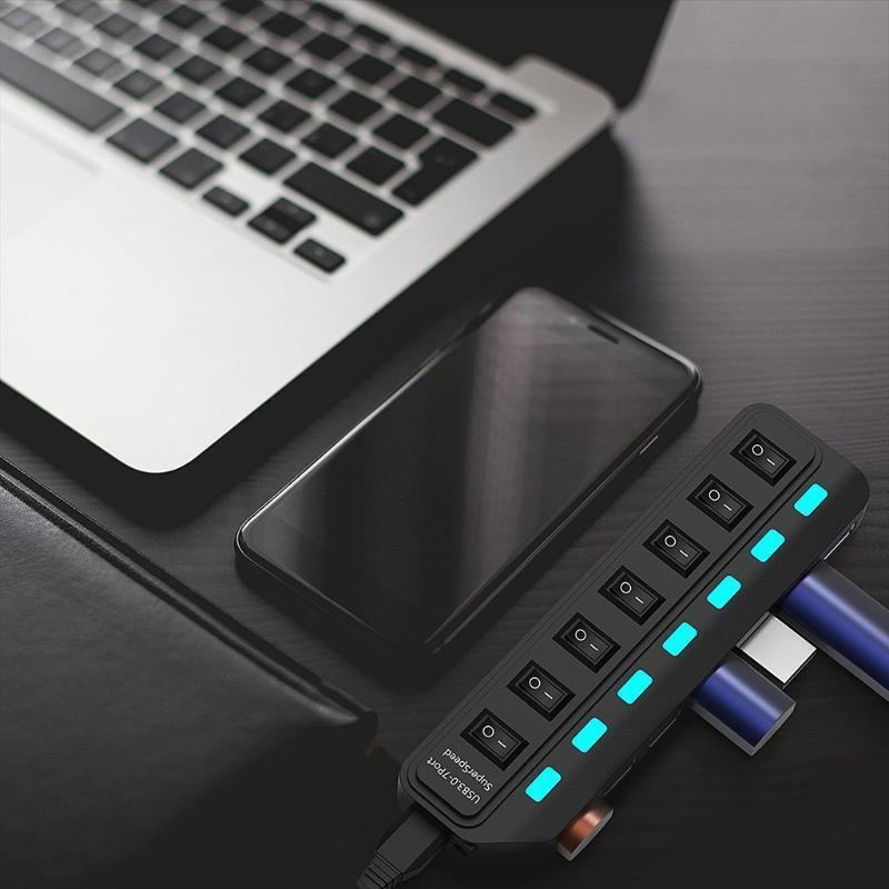 7 Port USB Data Hub USB Hub 3.0 Splitter with Individual On/Off Switches