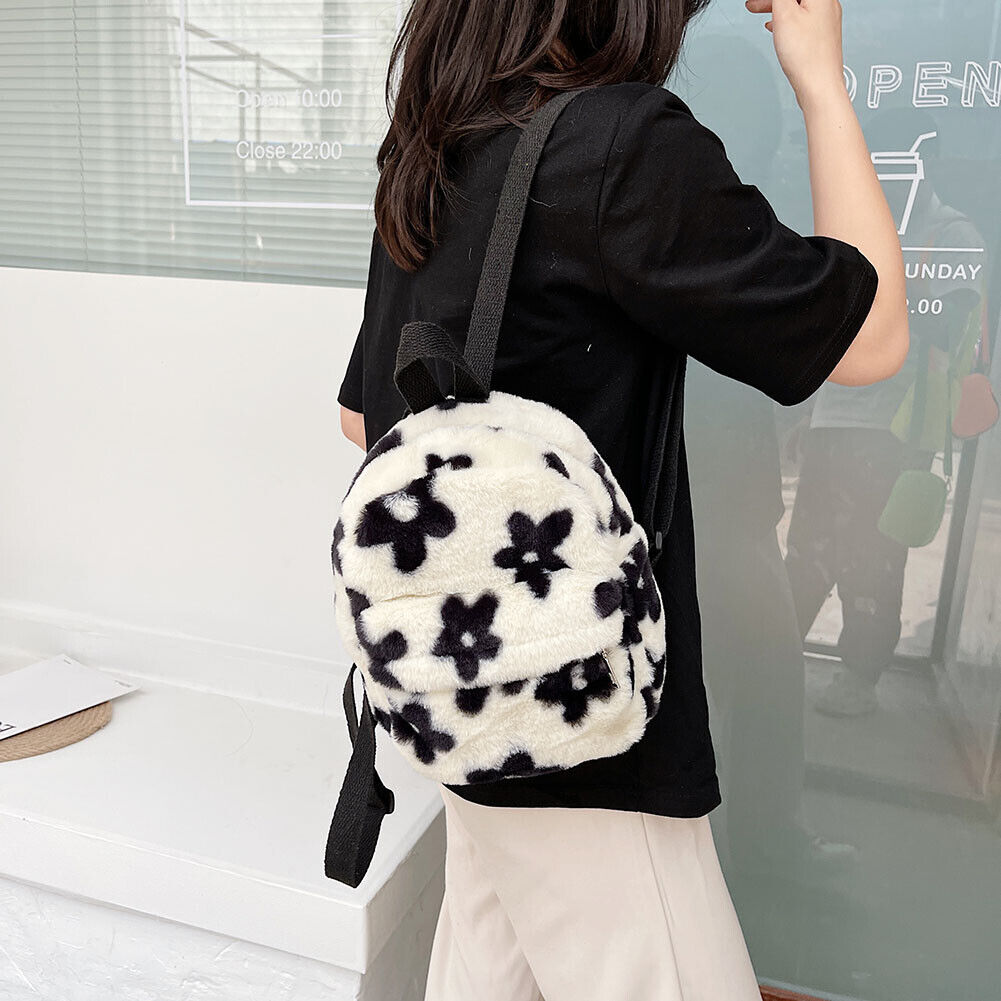 Preppy Style Women Flowers Printing Plush Backpack Casual Small Knapsack