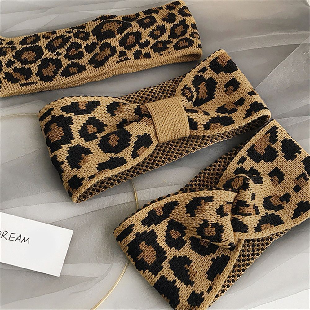 Winter Warm Crochet Head wrap Knitted Headband Bowknot Turban Leopard Headwear