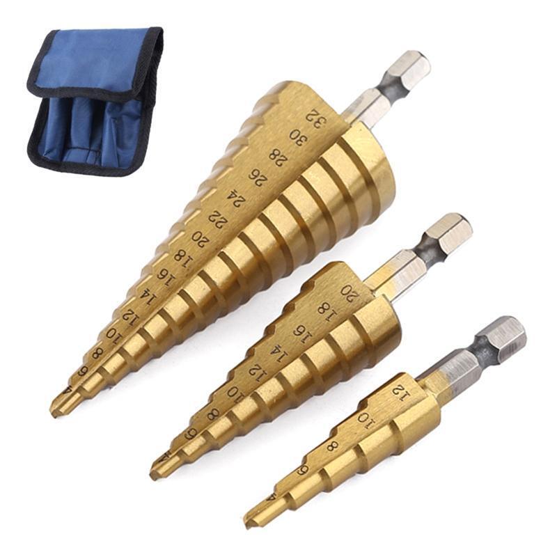 3Pcs Titanium Coated Step Drill Bit Set HSS Cone Drill Bit with 1/4" Hex  Shank