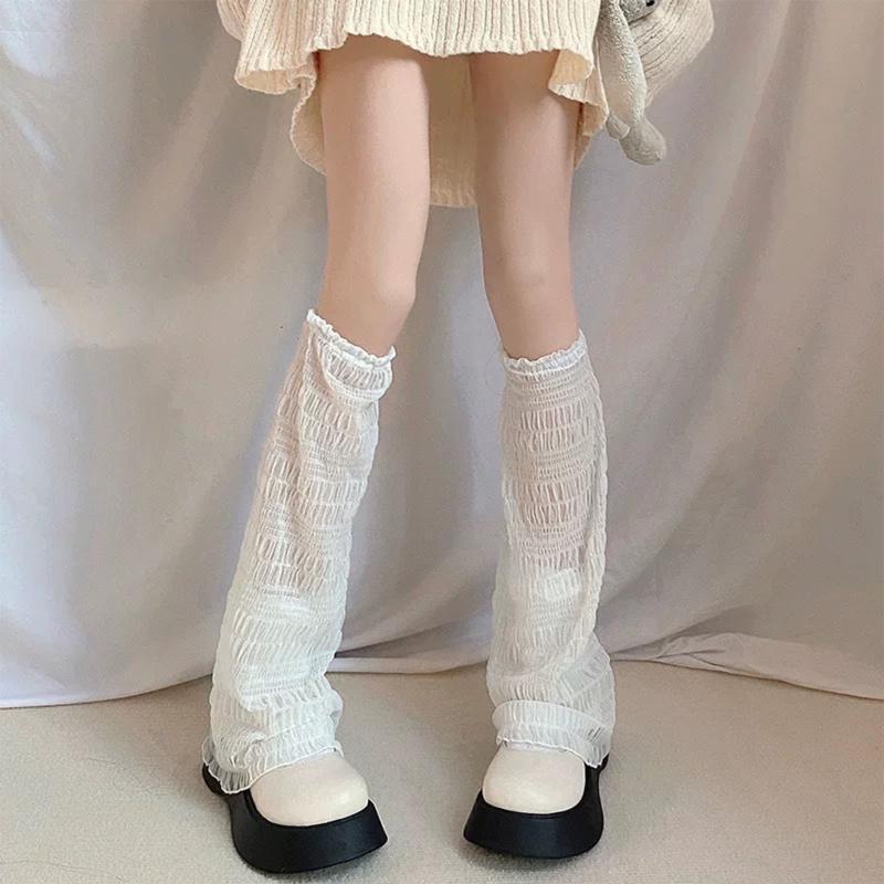 Women Lolita Summer Thin Leg Warmers Pleated Wavy Striped Baggy Foot Cover Socks