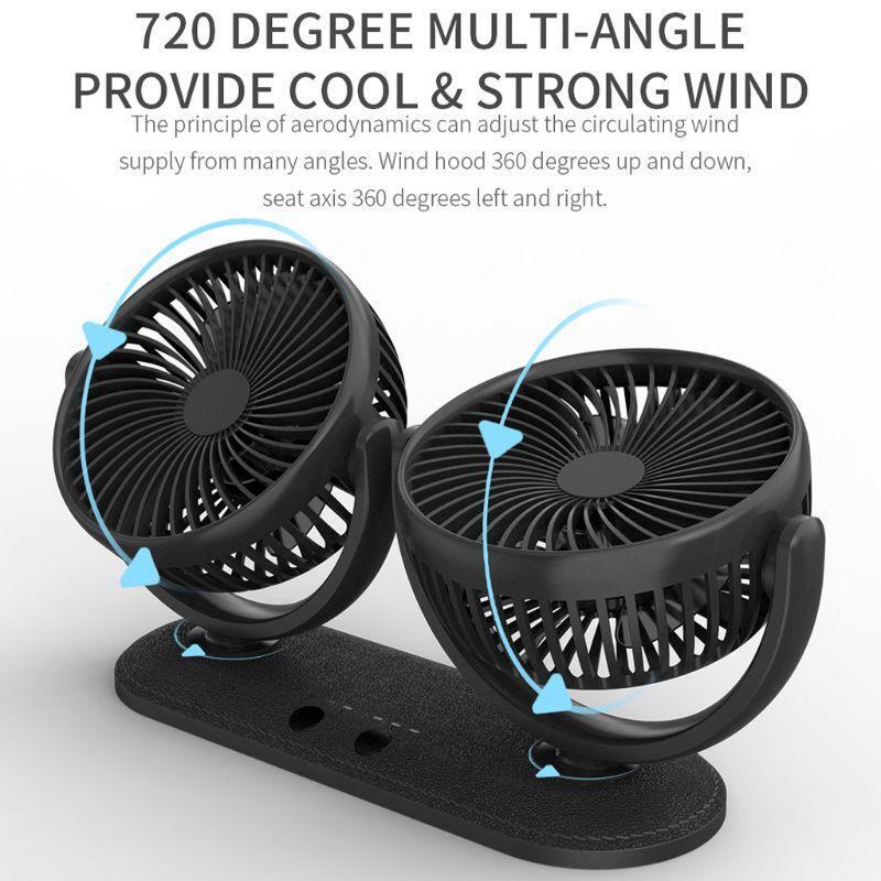 USB 5V 2A Fan 360° Rotatable Dual Head Car Fan Adjustable 3 Speeds Dashboard RV