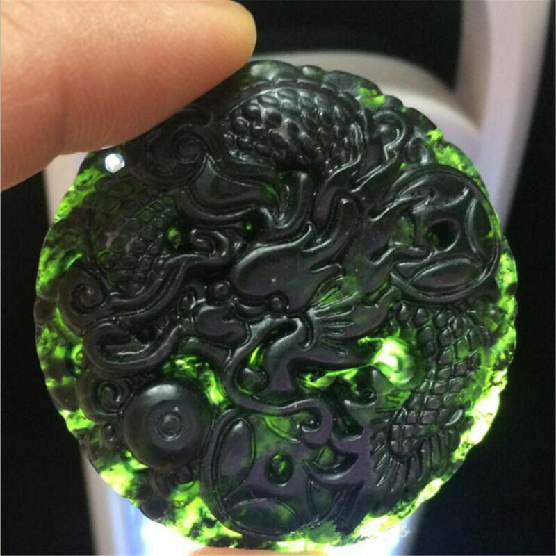 4.5cm Chinese Natural Black Dark Green Jade Carved Dragon Jade Round Pendant