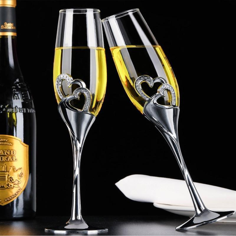2Pcs Wedding Champagne Glass Set Toasting Flute Cup with Rhinestone Heart Decor