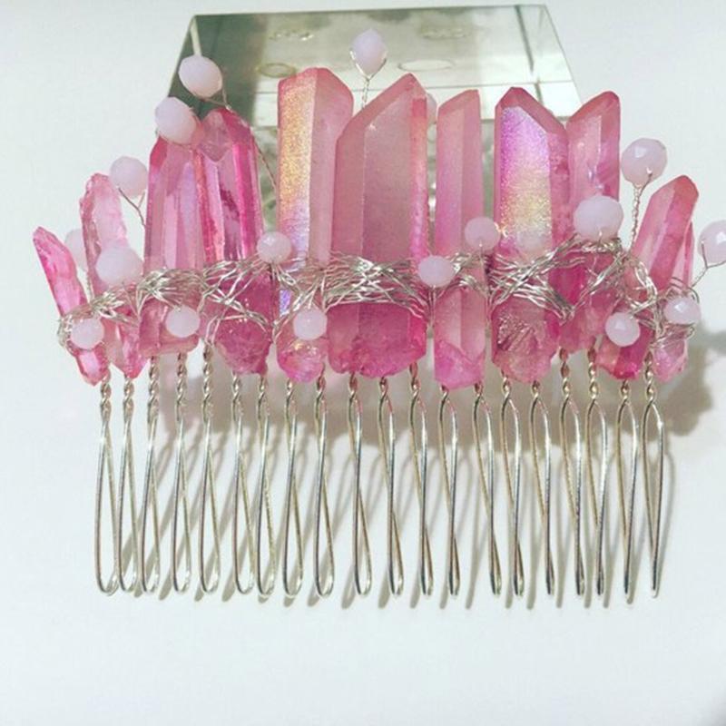 Handmade Natural Stone Bridal Hair Comb Pink AB Quartz Crystal Tiara Headpiece