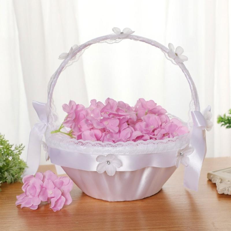 Flower Girl Basket with Removable Lace Handle for Wedding Faux Flowers Decor