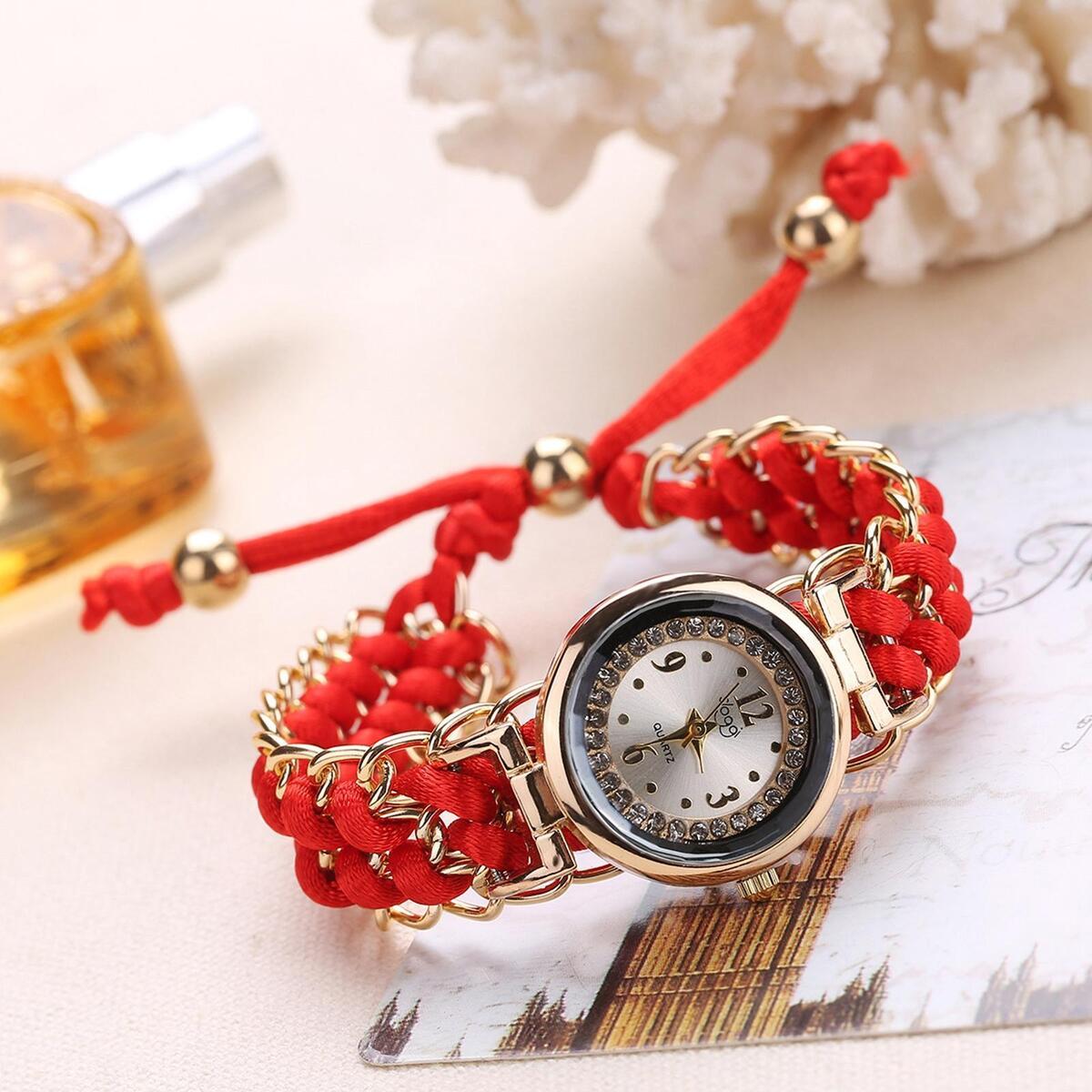 2Pcs Diamond Lady Quartz Watch Women Braided Rope Band Wrist Watch Gifts