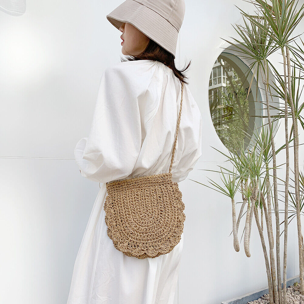 Women Vacation Straw Rope Woven Small Purse Messenger Bags (Light Brown)