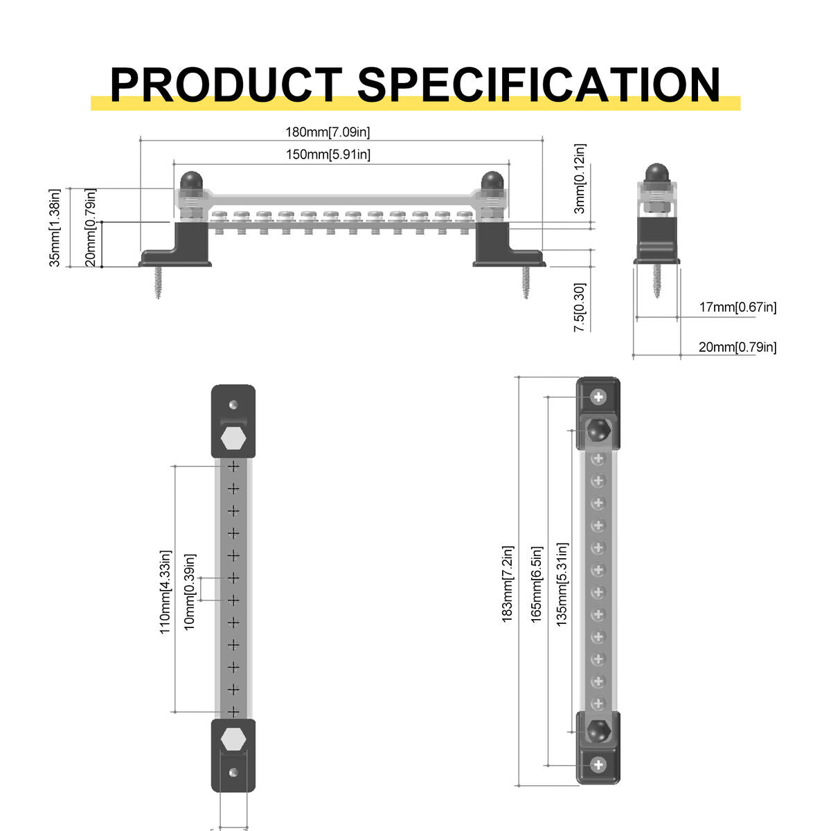 RV Yacht Single Row 12-way Single-row busbar Busbar Copper Terminal OT Terminal