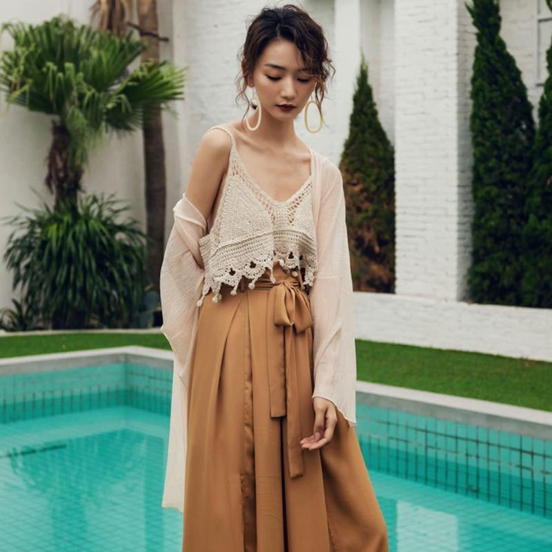 Women Beach Crochet Loose Camisole Hollow Knit V-Neck Tassel Sleeveless Crop Top
