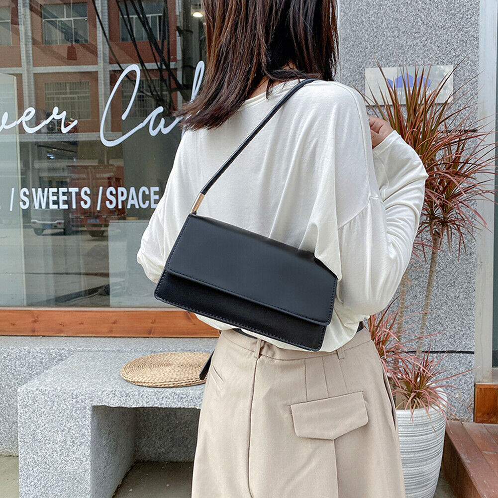 Simple Solid Color Women Handbag Tote PU Female Flap Shoulder Bag (Black)