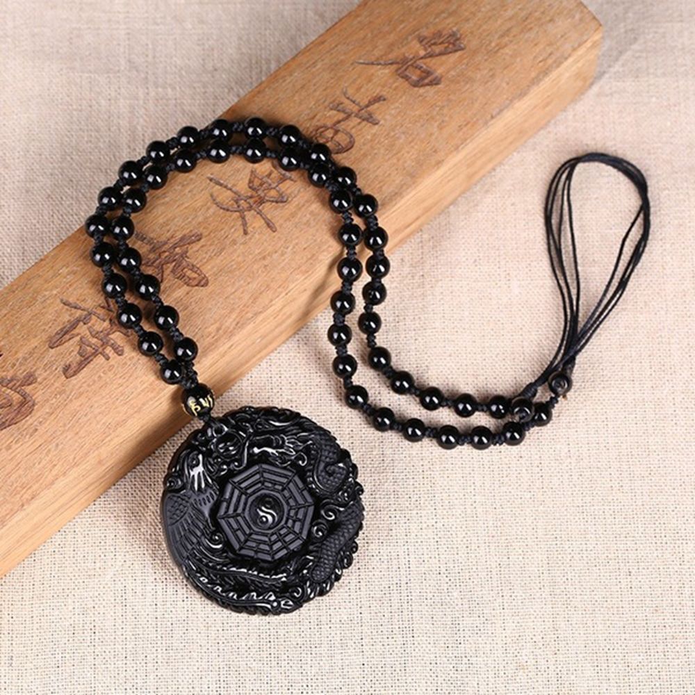 Black Mens Women Dragon Phoenix Carved BaGua Obsidian Necklace Lucky Pendant