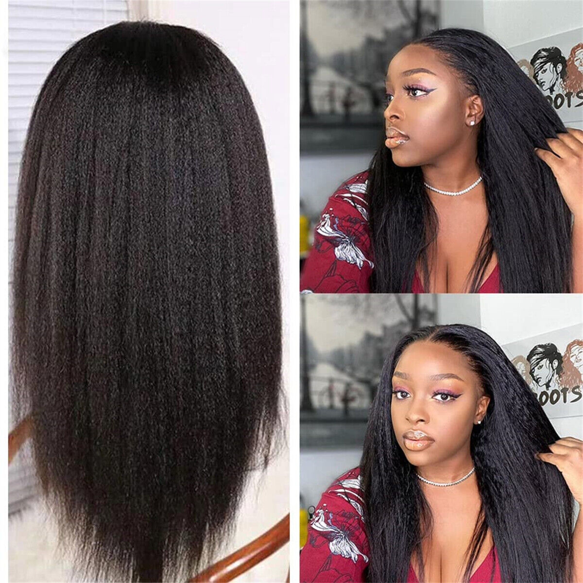 Synthetic Black Wig Kinky Straight Yaki Hair Lace Front Wigs Long Hair for Women