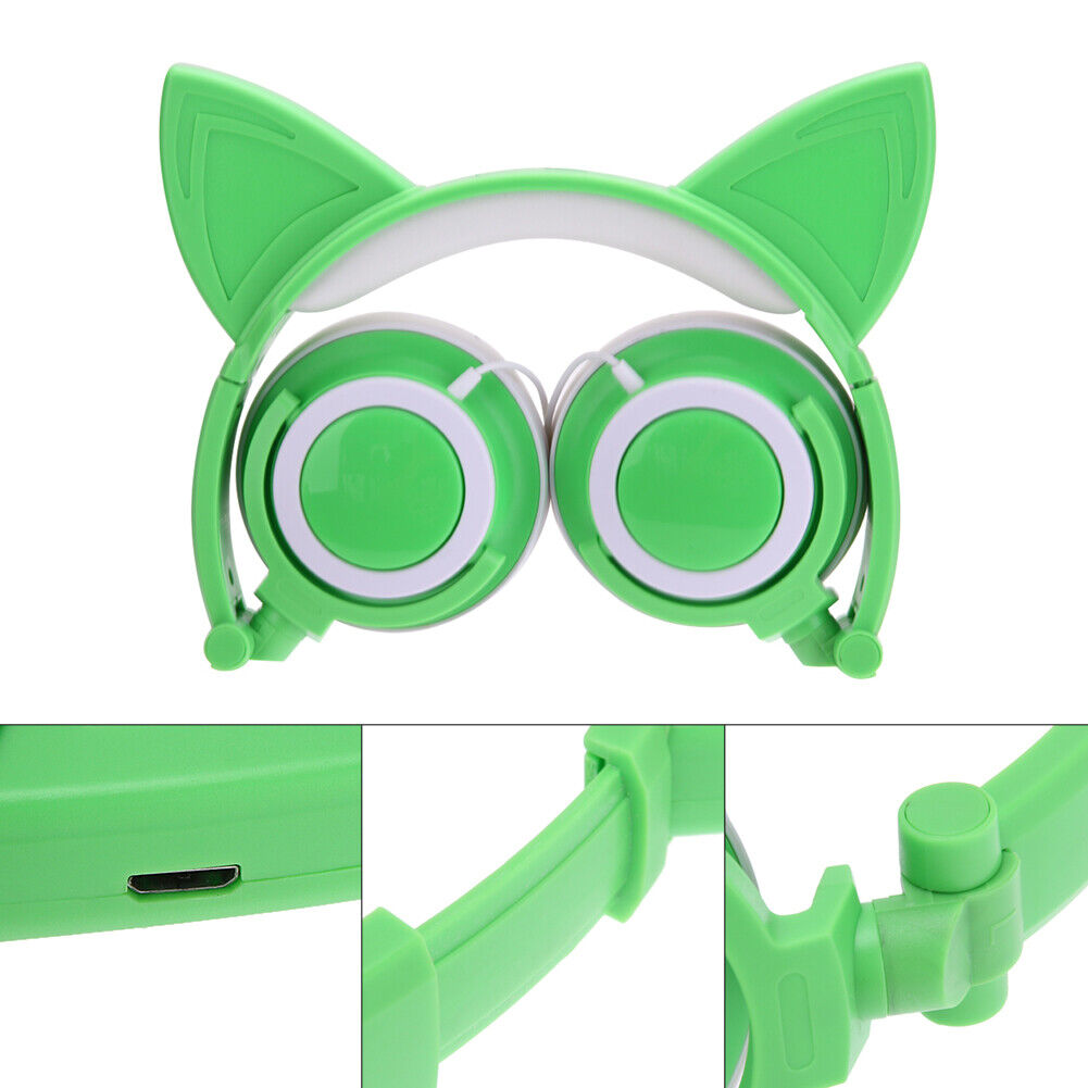 Luminous Foldable Rechargeable Headphone Cat Ear Shaped Headset (Green)-135