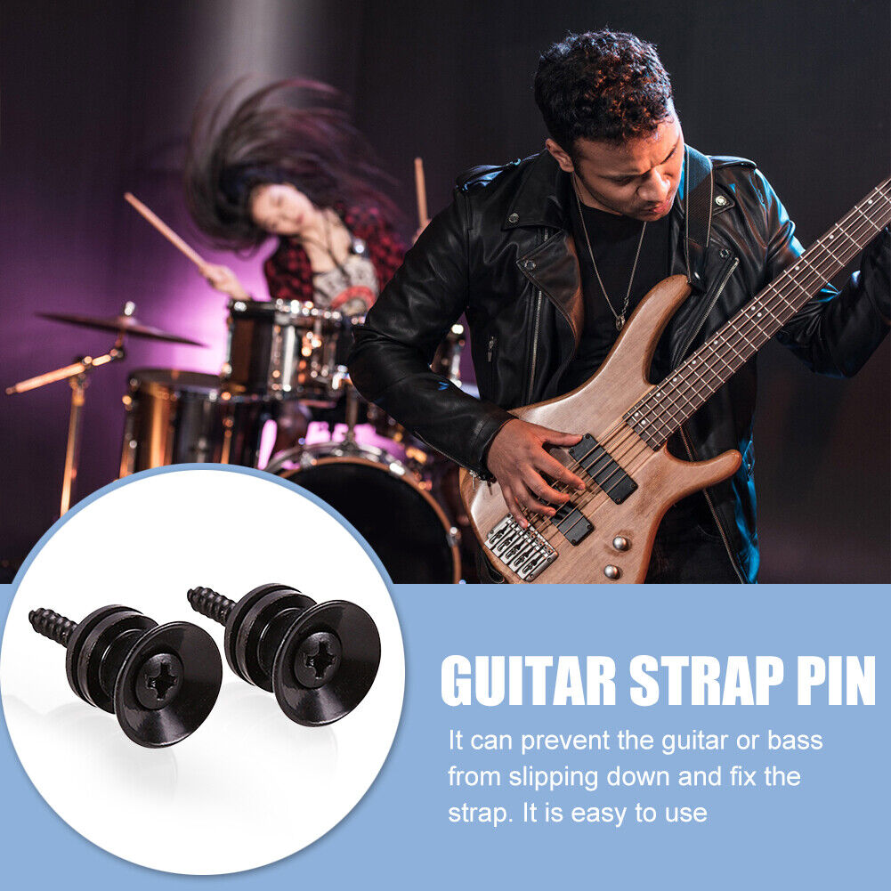 2x Guitar Pegs Anti-slip Strap Buckle Locking Pin for Bass Ukulele (Black)