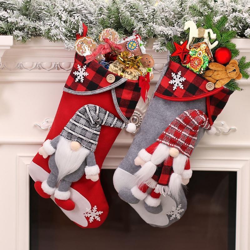 Christmas Gnome  Plaid Hat Stockings Set of 2 Candy Home Door Window Decor
