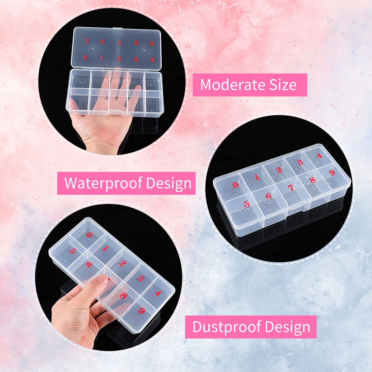 2 Pieces Nail Tip Box Plastic False Nail Art Tips Storage Box with 10 Grid