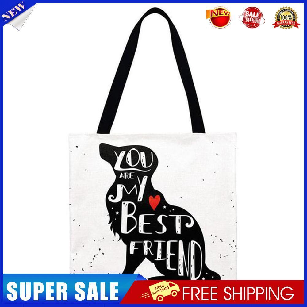Fashion Women Puppy Love Letters Printing Linen Large Shoulder Tote Handbag