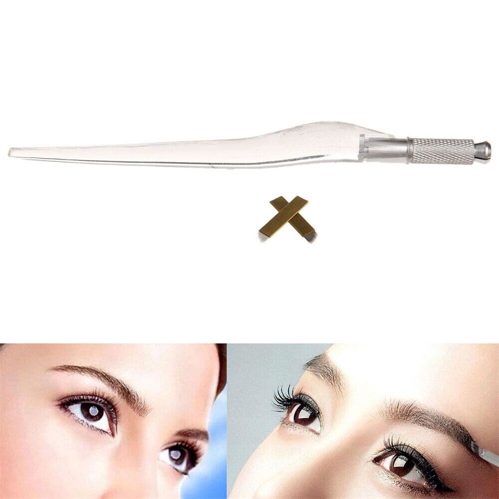 2 in 1 Set 5.79in Manual Eyebrow Tattoo Pen & 5Pcs 14pin Needles Bevel Blades