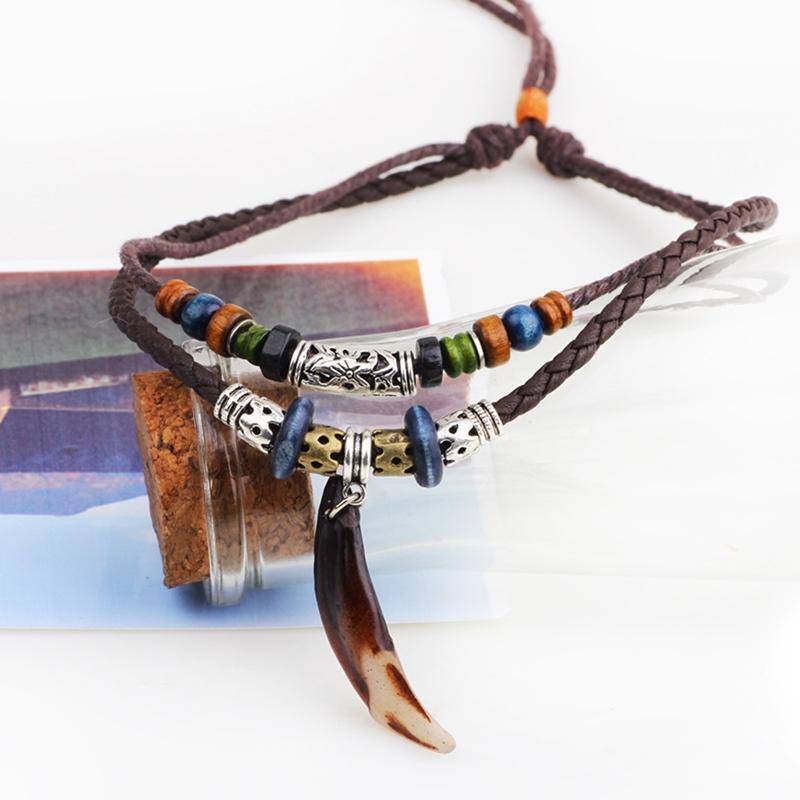 Ethnic Jewelry Leather Tribal Necklace with Dog Tooth Pendant for Women Men Gift
