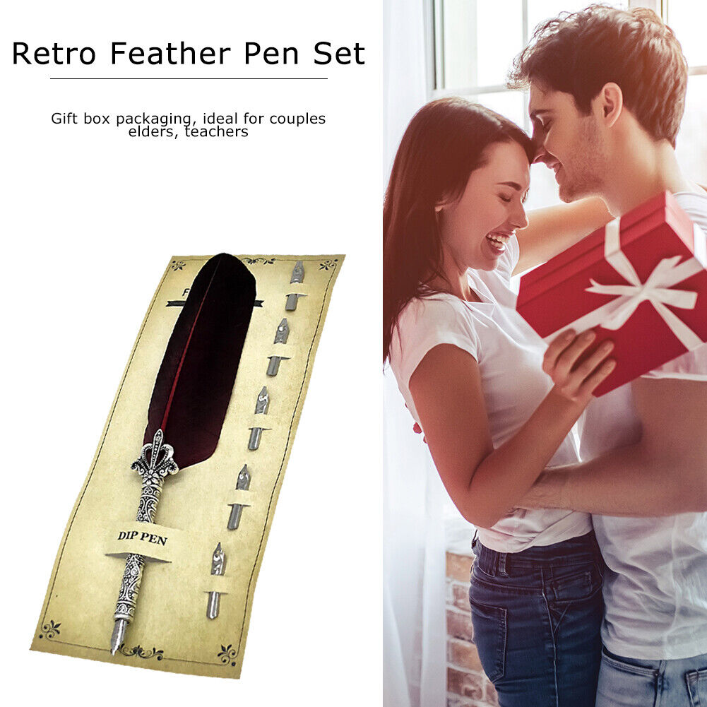 Calligraphy Feather Dip Pen+5 Nib Writing Quill Fountain Pen (Wine Red)