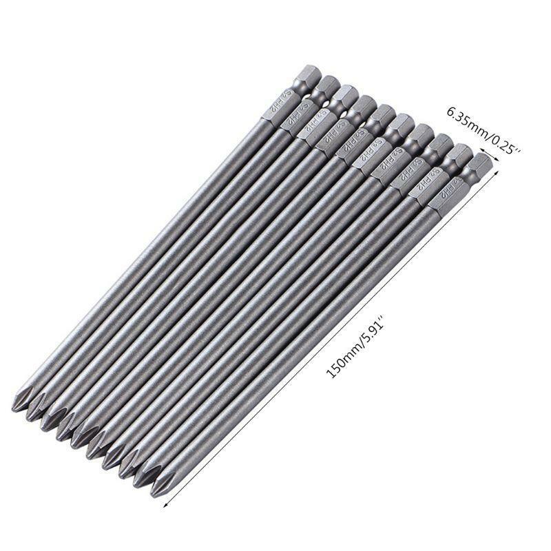 10PCS 1/4'' 150MM Length S2 Steel Magnetic Screwdriver Bits Cross Head PH2 Bit