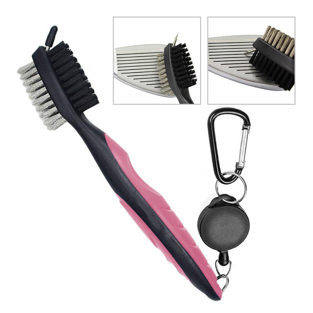 Retractable Golf Club Brush Groove Cleaner w/ Clip for Irons Woods (Pink)