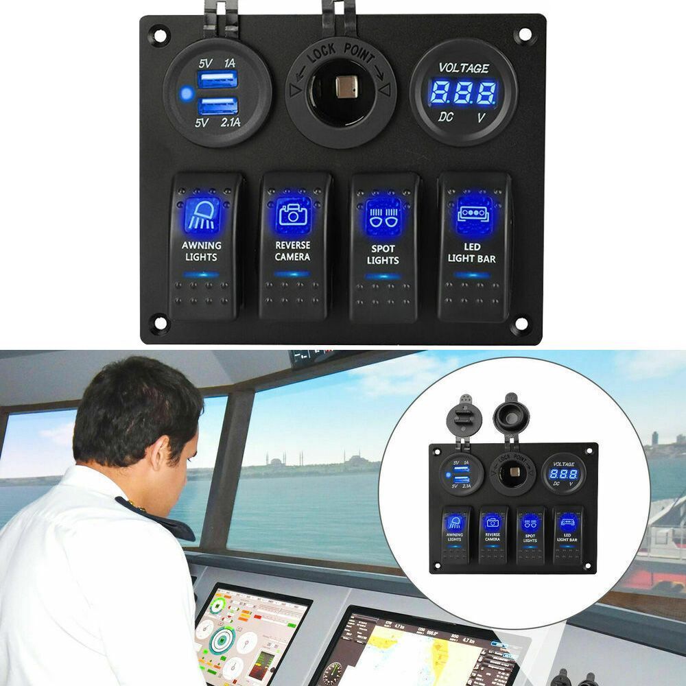 Waterproof Circuit Breaker 4 Gang 12V/24V LED Rocker Switch Panel Dual USB Port