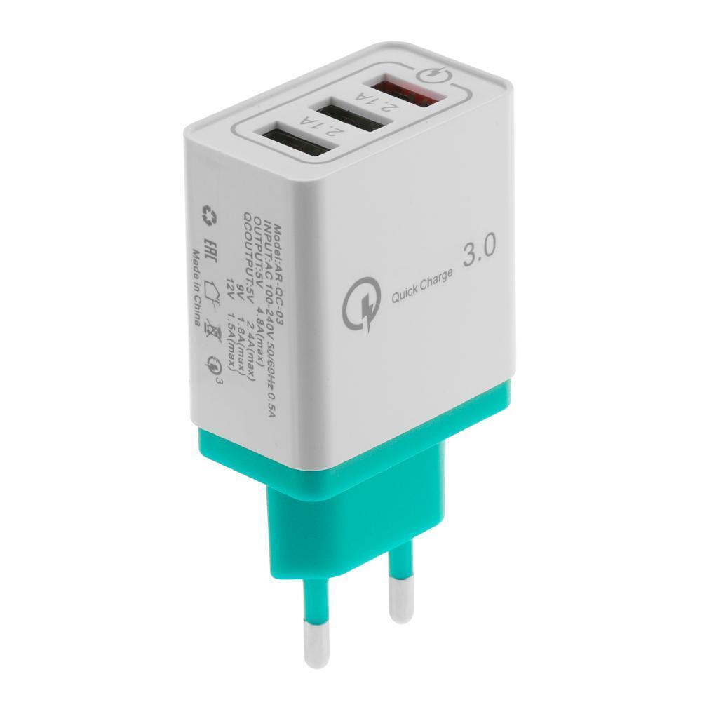 3 Ports USB Charger Mobile Phone QC3.0 Wall Charger Adapter (Light Blue)
