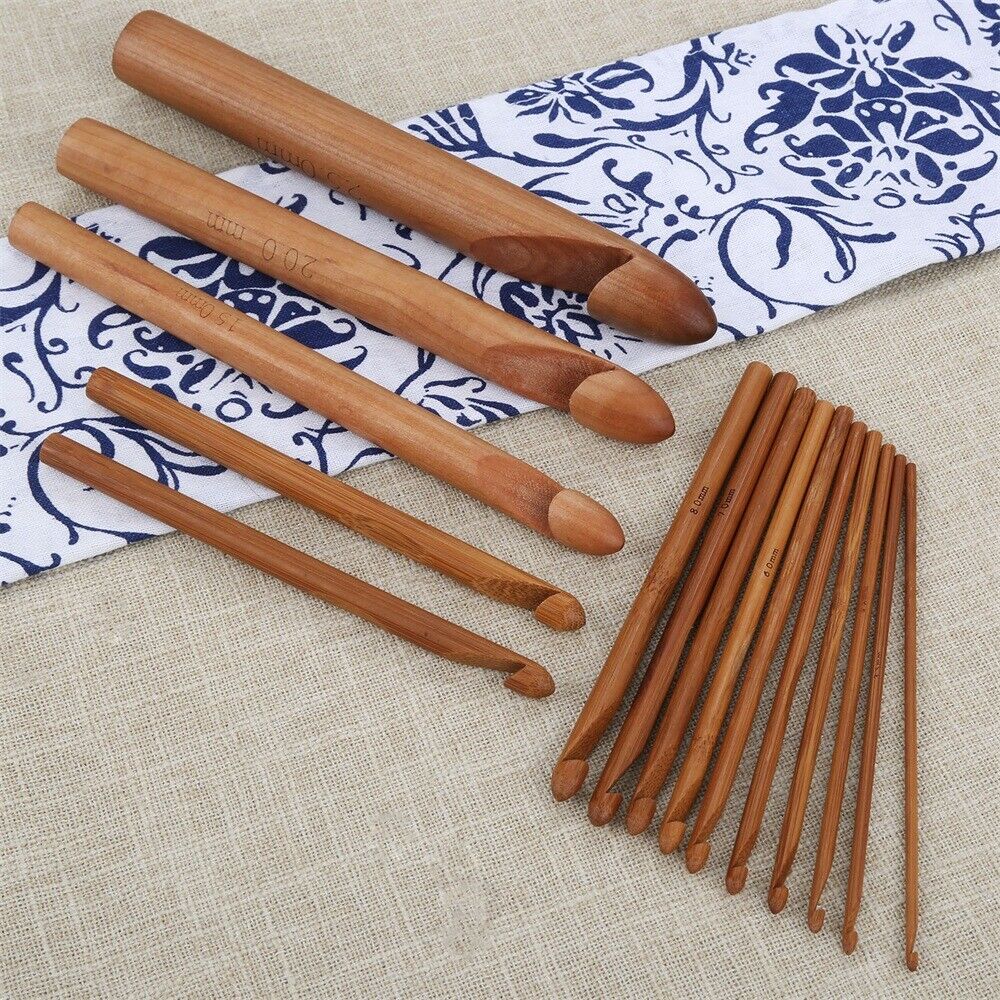 15x Practical Wooden Bamboo Large Crochet Needle Hook Knitting Tool for Sweater