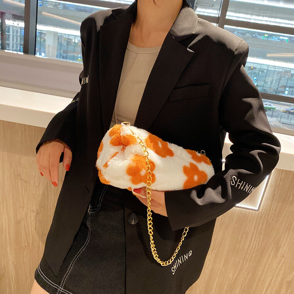 Cute Flower Cylinder Shoulder Bag Women Winter Chain Plush Purse (Orange)