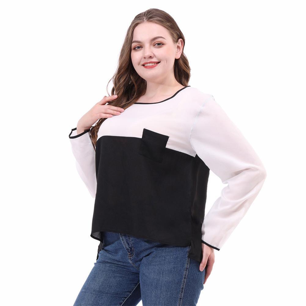 Plus Size O-neck Tops Women Long Sleeve Splicing Color T-shirts (White 5XL)