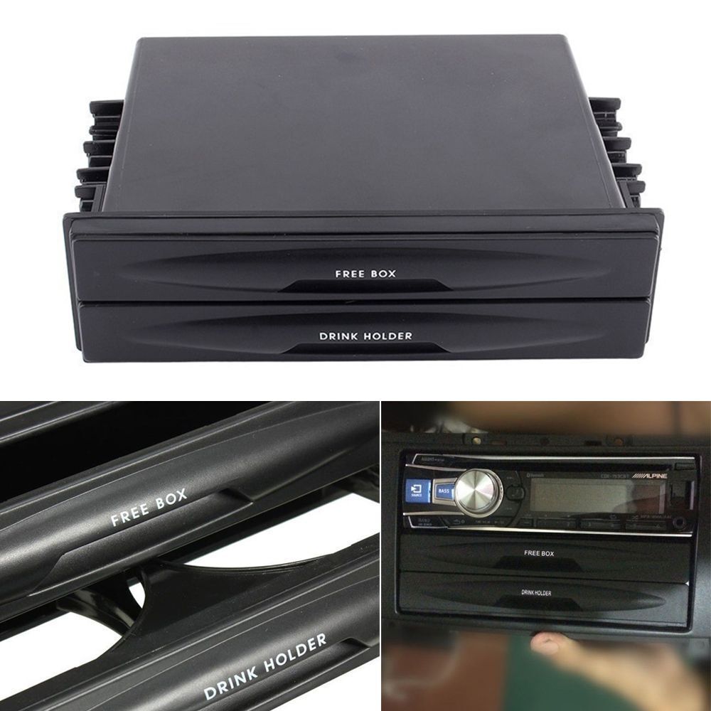 Black Trim Kit Dash Drink Cup Holder Storage Box Car Radio Pocket Double Din