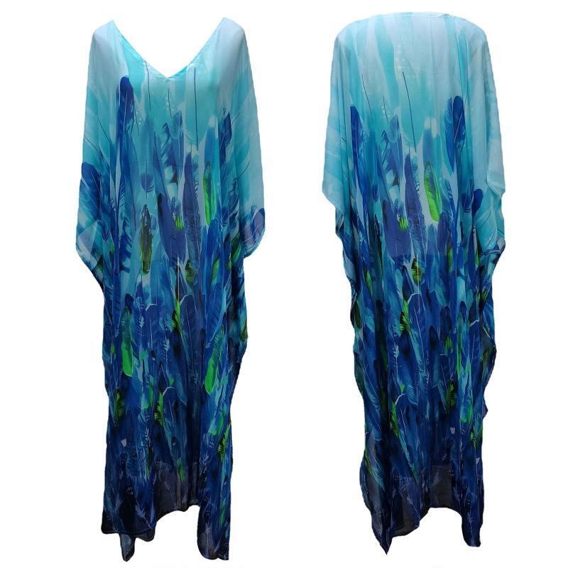 Summer Loose Print Caftan V Neck Sun Protection Oversize Dress for Girls Lady
