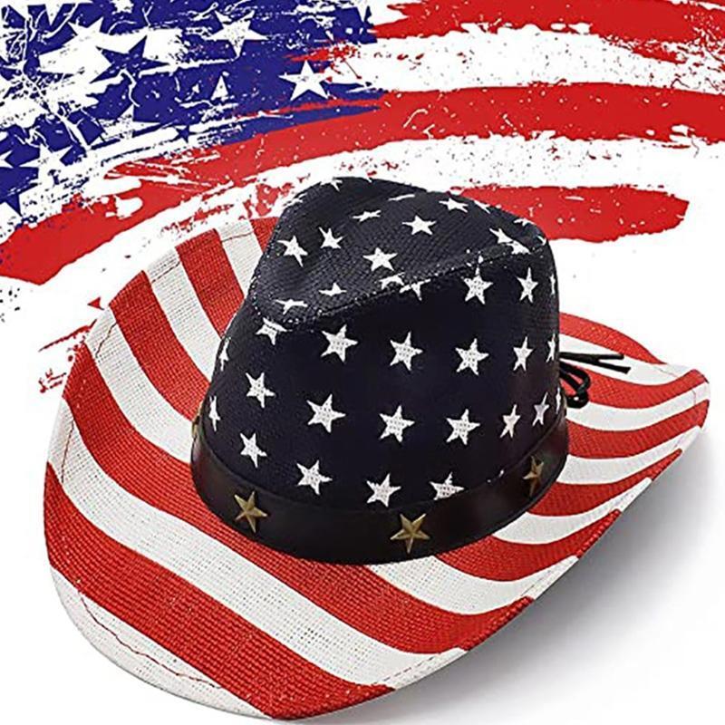 American Flag Western Cowgirl Hat with Windproof Rope Cowboy Hat for Parties