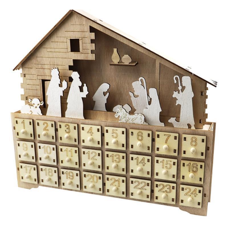 Christmas Advent Calendar Wooden Jesus Decoration LED Battery Operated Holiday