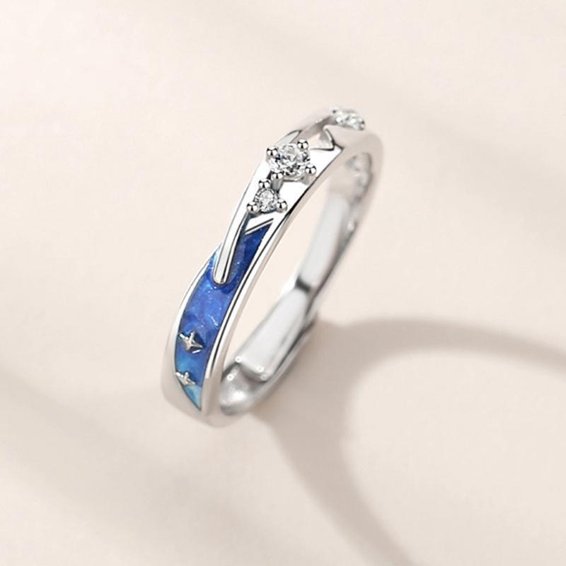 2Pcs Sea Blue Meteoric Star Lover Couple Rings Band Matching Set for Him and Her