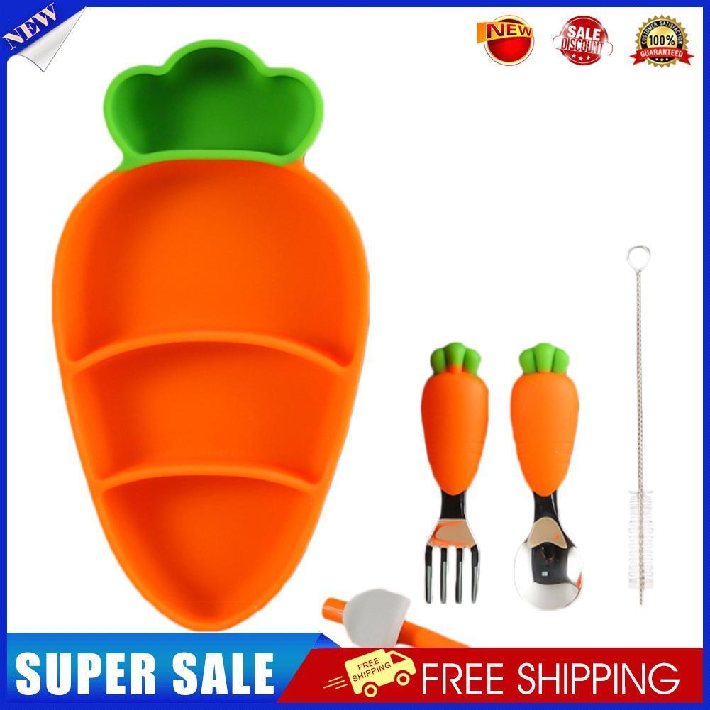 Stainless Steel Silicone Carrot Cutlery Feeding Plate Training Spoon Set