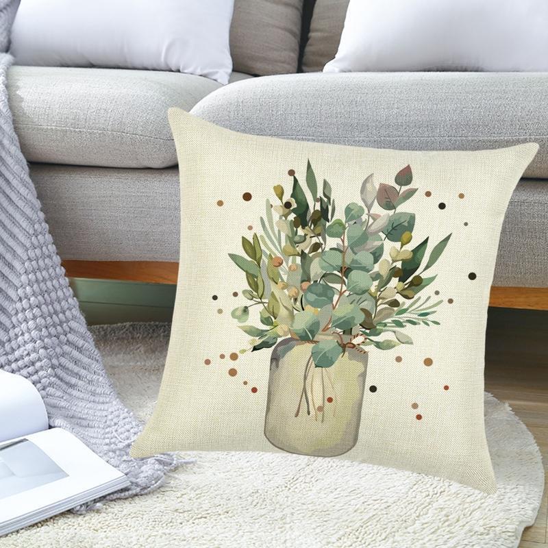 Linen Pillow Covers 4pcs/set Letters Vase Plant Eucalyptus Leaves Pillowcase