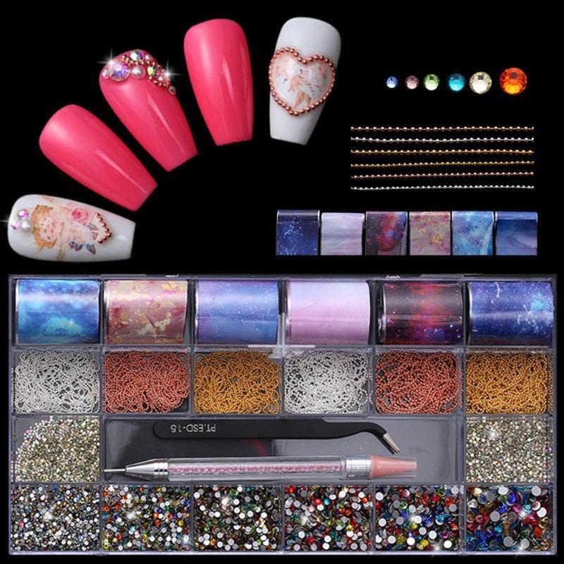 21 Grids Nails Design Kit Decor Multi Shapes with Dual-ended Dotting Pen Tweezer