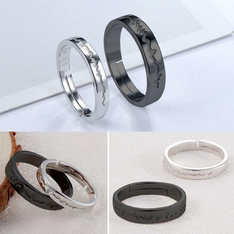 2Pcs Love Heart Ecg Couple Open Rings for Women Men Lover Couple Engagement Gift