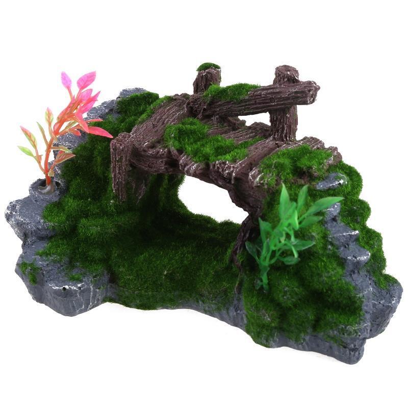 Aquarium Decor Wood Bridge Fish Tank Betta Shelter with Rocks for Aquatic Pet