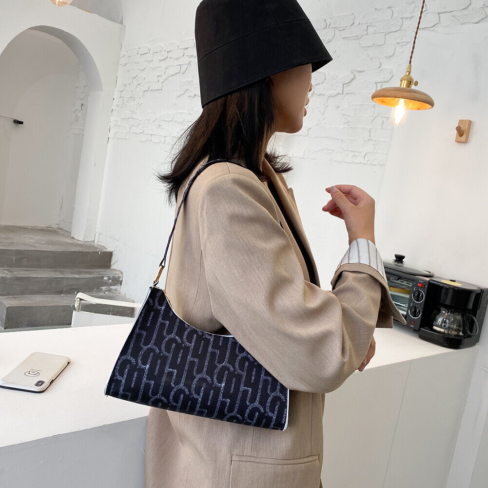 Casual Printed Women Handbag Totes PU Zipper Underarm Shoulder Bags (Black)