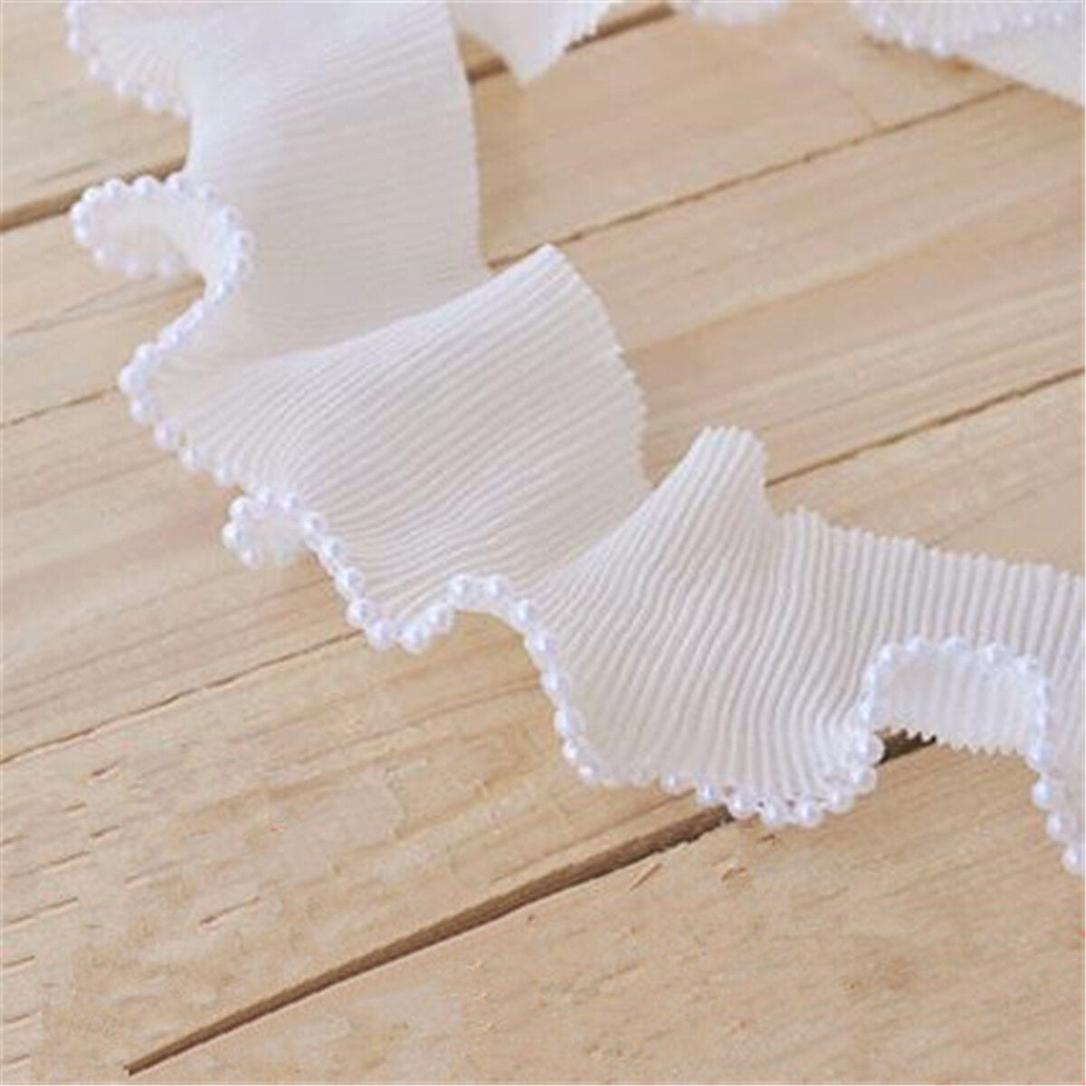 2yds Beaded Ruffle Chiffon Lace Trim Pleated Ribbon Collar Skirt Hem 6cm Width