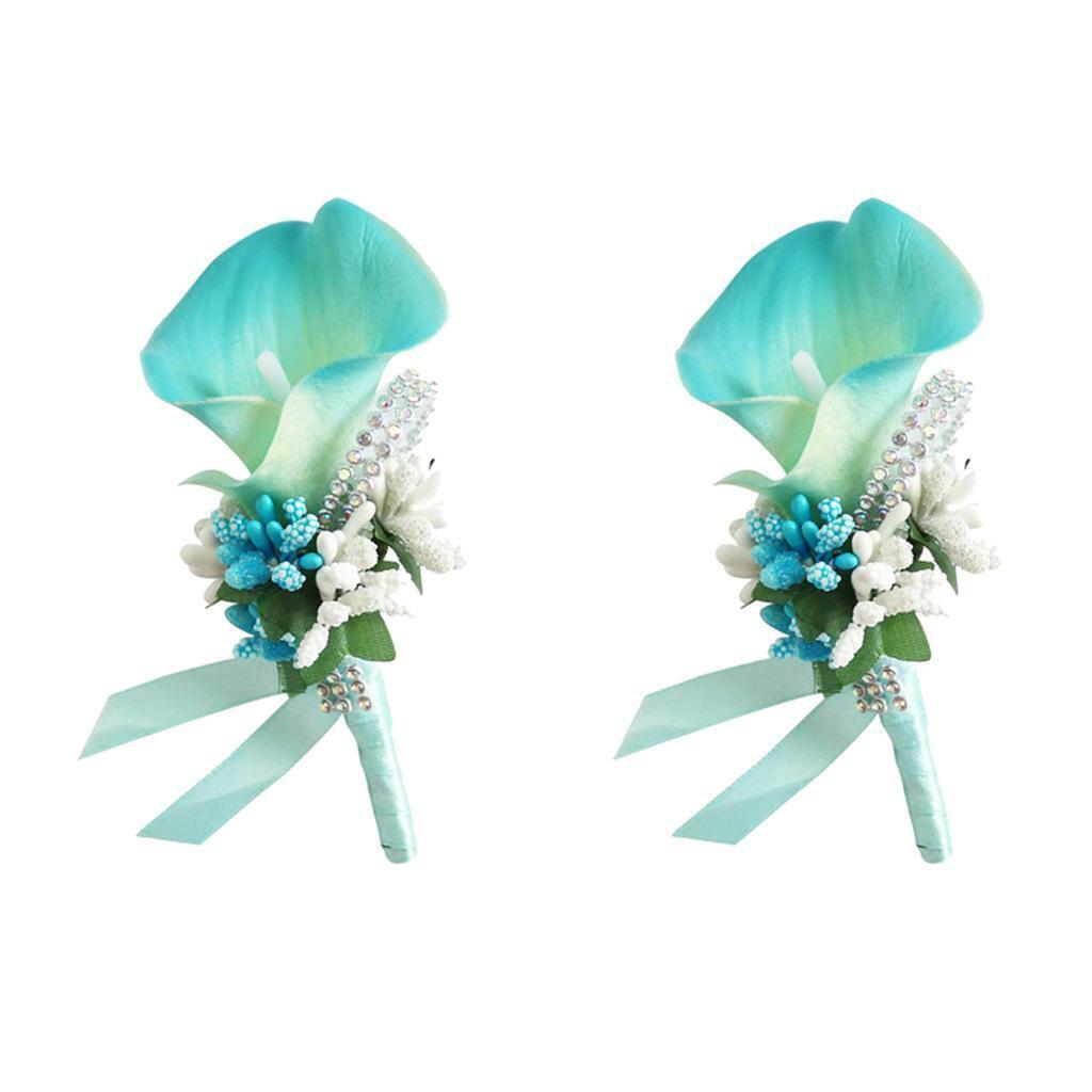 2 Pieces  Calla  Rhinestone Groom Bridal Wedding Corsage Sky