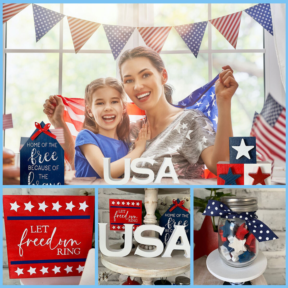 Independence Day Patriotic Ornaments - Blue Red & White Wooden Craft Decor