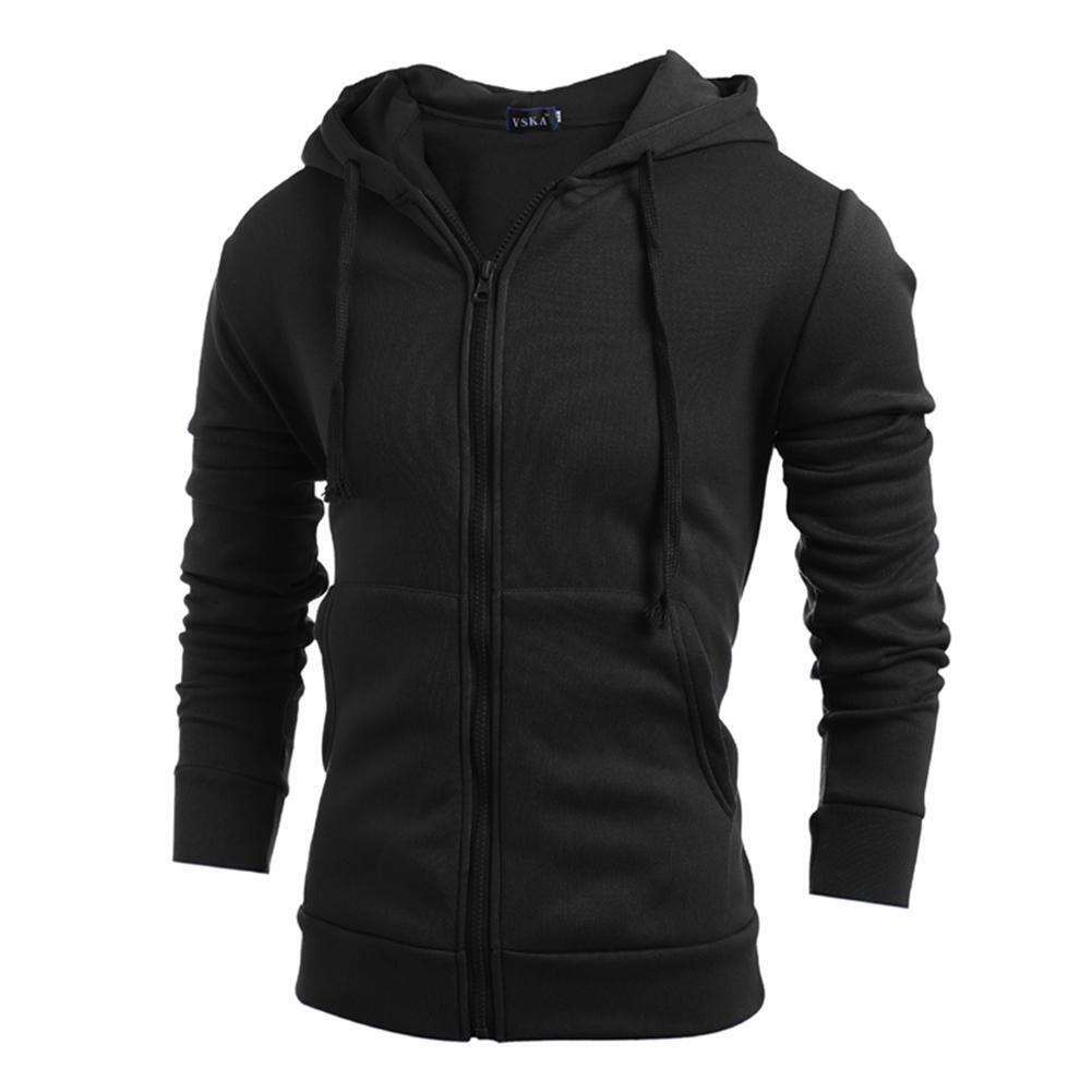 Men Hoodies Solid Zipper Hooded Coat Autumn Casual Outerwear (Black)(XL)